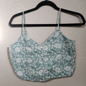 American Eagle Floral Crop Top Womens Small Button Straps Green White